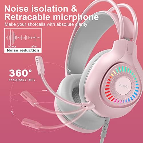 Слушалки Emonoo G1 с микрофон за Съраунд звук, Активно Шумопотискане, Розови Жични Слушалки Слот с Аудиоразъемом 3,5 мм стерео слушалки