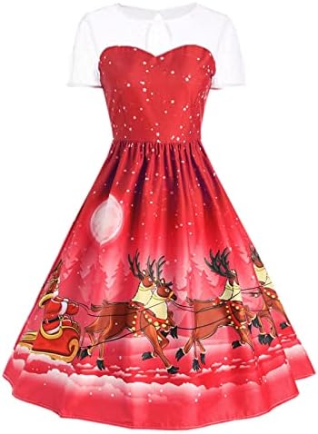 Женствена рокля RbCulf С Коледните принтом, Ежедневното един Коктейл Рокля За бала, С кръгло деколте, От Прозрачна мрежа С Къс Ръкав,