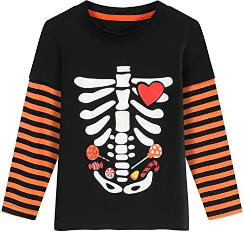 Тениска за Малки Момчета и Момичета на Хелоуин, Тиква, Светещ в Тъмното, Риза с виртуален скелет, Детска Тениска на райета с дълъг