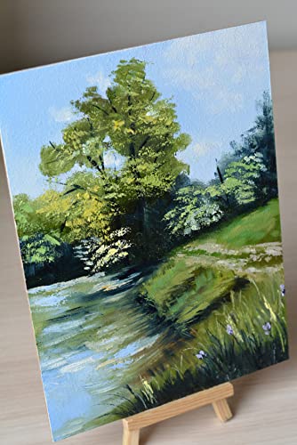 Оригиналната Пейзаж живопис с маслени бои /Дървета/Езера/Билки/Летен пейзаж/Фигура в лентата от гессоборда 7 x 9,4 (18 cm x 24 cm)