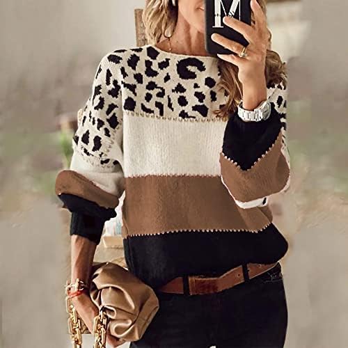 Жена Вязаный Пуловер, Блузи, Ежедневни Пуловер с дълги ръкави в Цвят Блок, Ризи С Леопардовым Принтом, Hoody, Блуза