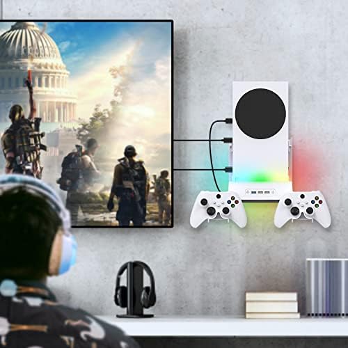 Комплект за стенен монтаж с охлаждащ вентилатор за Xbox серия S Набор от аксесоари за монтиране на стена с RGB подсветка, USB порт, система за охлаждане и сменяем двоен дъ