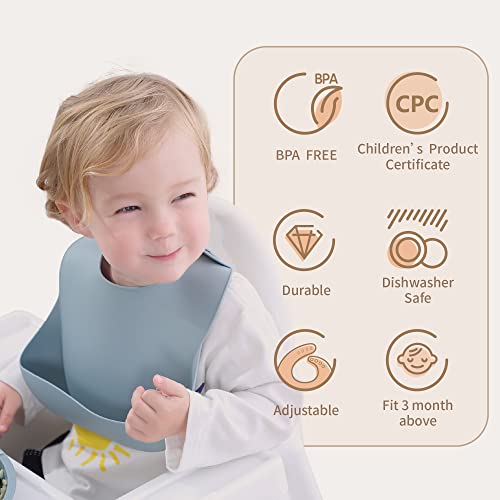 Комплект от 2 силиконови детски нагрудников Moonkie, които не съдържат BPA, Непромокаеми Меки Трайни Регулируеми силиконови Нагрудников за Бебета и малки деца (Tradewinds/Си?