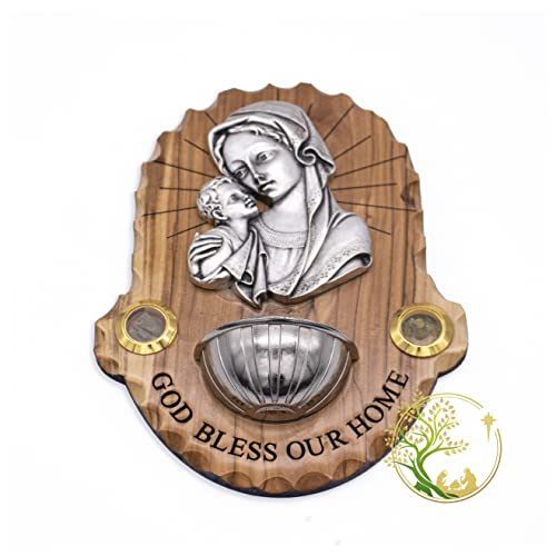 Кръщелен шрифт за Светена вода от Маслиново дърво на стената | Табела с Надпис Дева Мария и Детето Исус | бог да Благослови Нашия