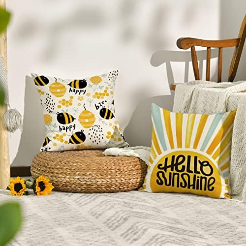 AVOIN colorlife Bee Happy Здравей Sunshine Калъфки за възглавници, 18x18 Инча, Мобилен Слънчев Летен Калъф за мека мебел, комплект