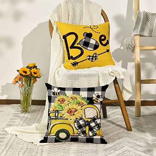 AVOIN colorlife Лятна Калъфка за възглавница Hello Sunshine Bee Truck Buffalo в Клетката, 18x18 Инча, Летните Калъфки за мека мебел,