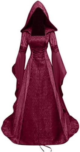 Рокля вещици ZEFOTIM женски винтажное рокля-наметало на вещица с качулка, ръкав-тромпет, средновековна сватбена рокля, рокля за