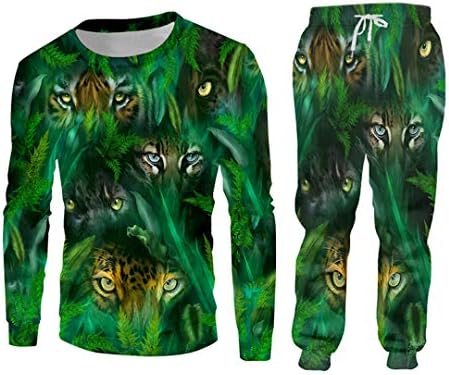 Hoody с качулка Animal Forest и Панталони за Джогинг, Комплект Зелени Потници Унисекс с 3D Принтом Тигрови Очи