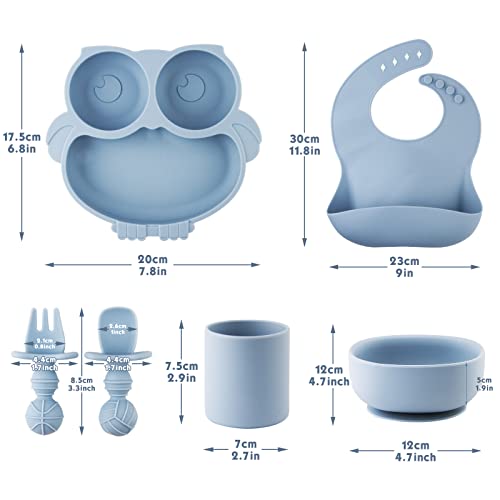 Комплект детски прибори - Смукателна Детска чиния и Купа с вилица-лъжица, чаша за деца, Силиконови Регулируеми Престилки за хранене
