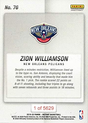 2019-20 Панини Instant Баскетбол 76 Начинаещ Zion Williamson Card Pelicans - Вкара 22 точки за дебют в НБА Вкара 5629