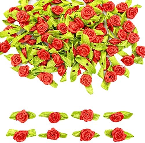 Мини Лентата Рози, 200шт Изкуствени Тъкани Цветя със Зелени Листа, Смесени Цветове Малки Лента Рози Цветя Контакти Мини Цветя за