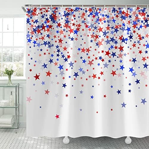 Завеса за душ TOMOZ 4 юли, Червени и Сини Звезди, Завеса за душ за Деня на Независимостта на САЩ за Баня, Ден в Памет на Президента,