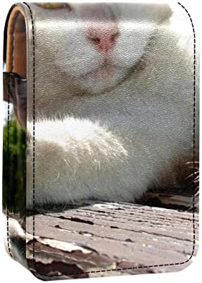Калъф за червило GUEROTKR, Кожен Органайзер за Блясък за устни с Огледало, Мини-Bag-Държач за Червило, бял котешки животински модел