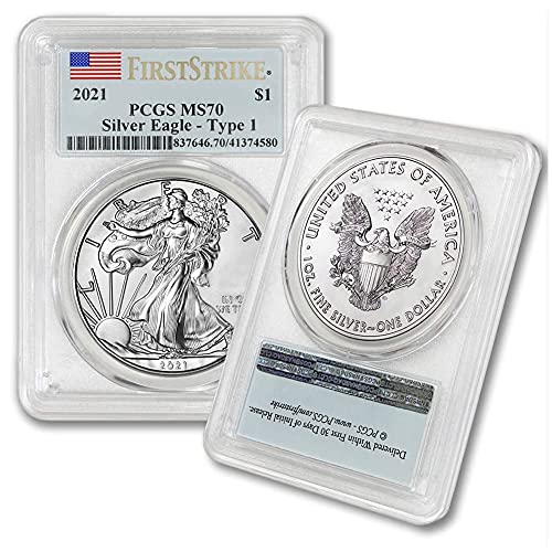 2021 Комплект (2) монети американски сребърен орел MS-70 тегло 1 унция MS-70 (Тип 1 и Тип 2 - Надпис First Strike - Флаг) от Coinfolio