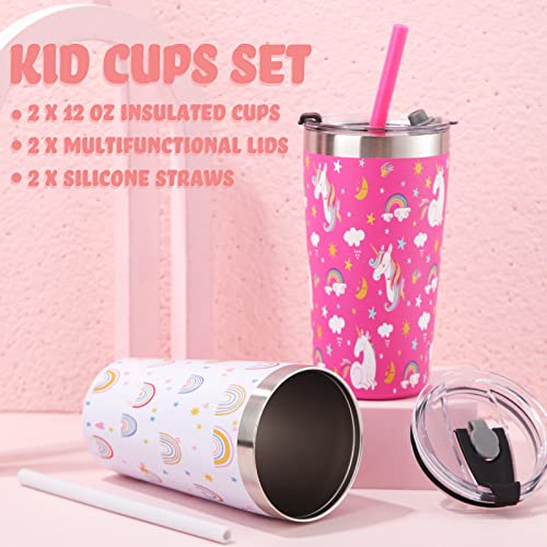 Shellwei, 2 опаковки на Детски чаши с капаци и соломинками, чаша за Шейкове за деца с модел Рейнбоу Еднорог, Херметически затворени,