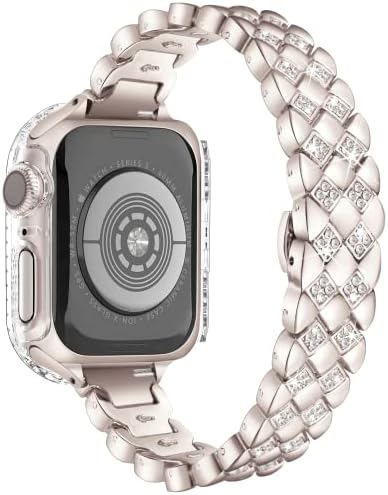 Съвместим с каишка на Apple Watch 45 мм + блестящ диамант калъф, Тънък модерен каишка за жени и момичета, Хубави Бижута, метален