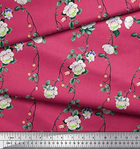 Соймой, розов памучен трикотажная плат, с принтом листа и божури, с цветен декор, ширина 58 см