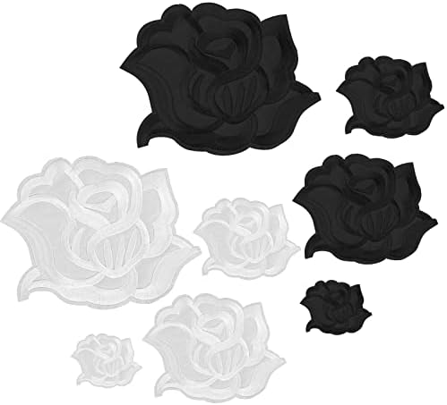 Grevosea 8 Бр. Ленти с аппликацией във формата на Рози, На 4 по Размер, Черни, Бели, Тъканни Ленти с Рози, Избродирани Желязо, Sew-на