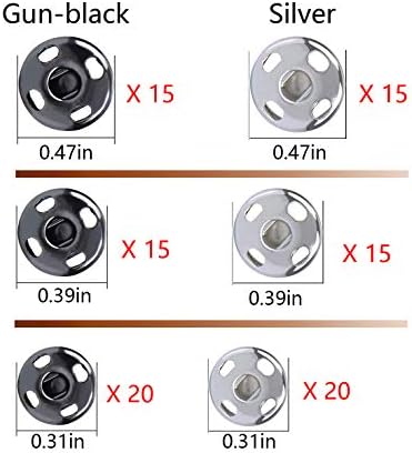Fuman Forest 100 Комплекта Пришивных копчета-Метални ключалки С Нитове Копчета за Шиене, 8,5 мм, 10 мм и 12 мм, Черен и сребрист