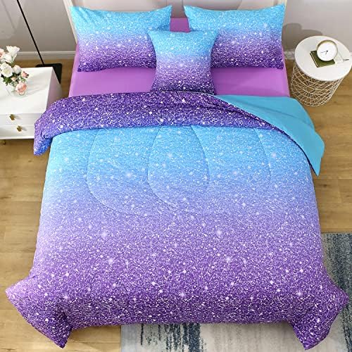 Комплект спално бельо JQinHome с пайети, двоен размер, легло в леглото от 6 теми, 3D Цветен комплект спално бельо цвят Омбре за момичета, Детски (1 Одеяло, 2 калъфки за възгл