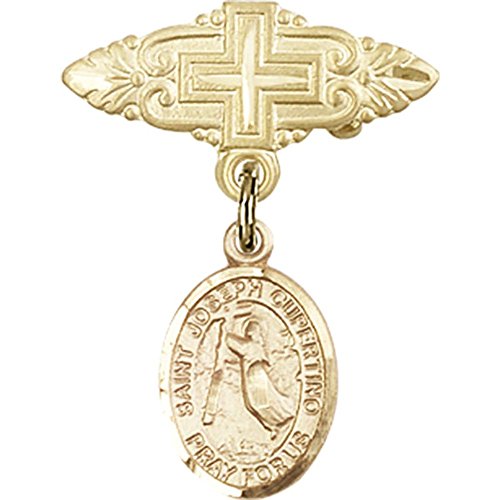 детски икона от жълто злато 14 карата с Окачване на Св. Йосиф от Купертино и Игла за Икона с Кръст 1 X 3/4 инча