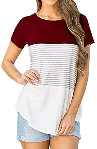 Женска тениска JFLYOU, Модни и Ежедневни Блуза-Туника в Трехцветную Ивица с Къс ръкав, цвят на Червено вино, XL