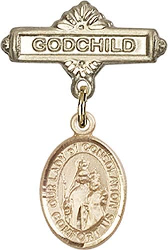 Детски икона Jewels Мания за талисман на Дева мария Утеха и игла за икона Кръщелник | Детски икона от 14-каратово злато с Талисман