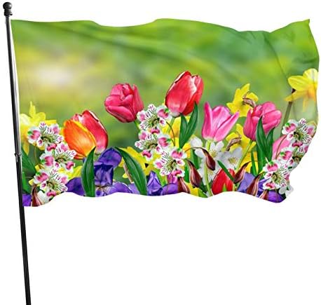 Пролетта и Лятото Знаме с Цветовете на Нарциси и Лалета Размер 3x5 Метра, Изработена Банер От Полиестер, Отвън Виси Стандартен Флаг за Двора, Градината, Тревата, на Пр